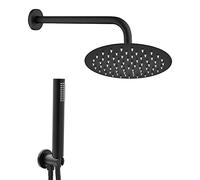 Set doccia con soffione e doccetta nero opaco, acciaio INOX e abs, anticalcare (Diametro 20 cm, Tondo)