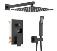 Set doccia da incasso nero con soffione da 30 x 30 cm, sistema doccia con display LCD, soffione a pioggia nero, 200 mm, corpo in ottone, tubo doccia da 1,5 m, altezza 37 cm