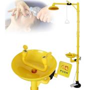Set doccia di emergenza con lavabo in ABS, attivazione a spinta manuale, doppi ugelli per una risposta immediata ai rischi in fabbrica e in laboratorio