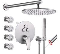Set doccia in nichel spazzolato, montaggio a parete, deviatore a pulsante in ottone con soffione a pioggia da 25,4 cm, doccetta 2 in 1 e 4 getti per il corpo di lusso