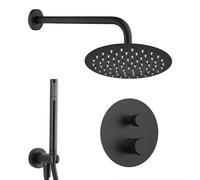 Set doccia incasso nero opaco zigrinato con braccio e soffione 30 cm, kit doccia con doccino in ottone, presa acqua e supporto, GEMINI