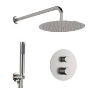 Set doccia incasso satinato con braccio e soffione 25 cm, kit doccia con doccino in ottone, presa acqua e supporto, GEMINI