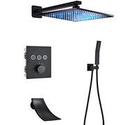 Set Doccia Miscelatore Sistema Doccia a Scomparsa Set Rubinetto Doccia termostatico Set Doccia antiscottatura Nero Opaco a Parete con doccetta e soffione a Pioggia a LED Tecnologia avanzata di