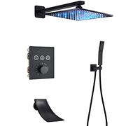 Set Doccia Miscelatore Sistema Doccia a Scomparsa Set Rubinetto Doccia termostatico Set Doccia antiscottatura Nero Opaco a Parete con doccetta e soffione a Pioggia a LED Tecnologia avanzata di