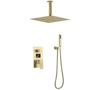 Set Doccia Miscelatore Sistema Doccia, Display Digitale A Scomparsa A Soffitto Set Doccia con Miscelatore A Pioggia da Bagno in Oro Spazzolato A LED con Set Doccia con Soffione A Pioggia Quadrato da