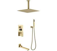 Set Doccia Miscelatore Sistema Doccia, Display Digitale A Soffitto LED Set Doccia con Miscelatore A Pioggia per Bagno in Oro Spazzolato con Soffione Quadrato da 10-12 Pollici E Rubinetti per Vasca,