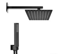 Set doccia nero opaco con braccio soffione rettangolare 30x20 cm e kit doccia completo di doccino, presa acqua e flessibile
