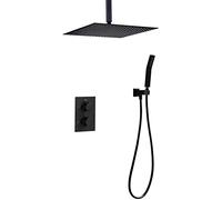 Set doccia nero per montaggio a soffitto, con valvola in ceramica, 2 maniglie, 3 fori, soffione doccia regolabile da 25,4 a 40,6 cm, con doccetta manuale per un'esperienza simile a una spa