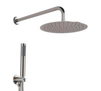 Set doccia satinato con braccio 35 cm soffione 30 cm e kit doccia con doccino in ottone, presa acqua e supporto, GEMINI