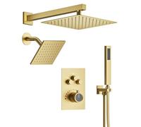 Set doccia termostatico doppio, con montaggio a parete a 7 getti e doccetta portatile, 30,5 cm e 15,2 cm, 2,5 GPM, elegante finitura oro spazzolato per un'esperienza di bagno di lusso