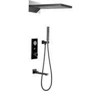 Set doccia termostatico, set doccia con corpo valvola display temperatura, set doccia, set doccia completo di doppio soffione e rubinetto vasca da bagno, montaggio a parete, nero-A