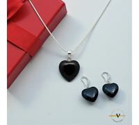 SET DONNA ARGENTO 925 COLLANA ORECCHINI PIETRA NATURALE OSSIDIANA NERA CUORE