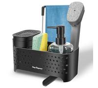 Set doppio dispenser organizer 5 in 1 porta spugna porta spazzola asta per strofinacci, salvaspazio (nero)