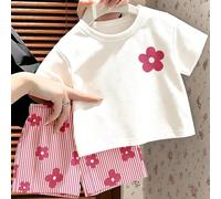 Set due pezzi casual ampio e semplice per neonata, stampa vintage con fiori rosa dolce e righe sportive, stile coreano, comodo e alla moda, grafica Baby&Baby Girl, Y2K, per picnic all'aperto, uscite e