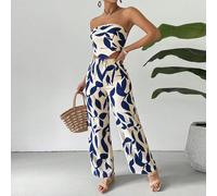 Set due pezzi casual per le donne con top a tubo stampato a piante e pantaloni con orlo asimmetrico per le vacanze L,M,S,XL,XS,XXSBlocchi di colore,Piante,stampa dappertuttoPoliestere,Tessuto intrecci