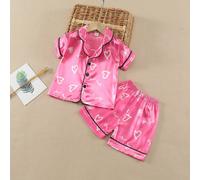 Set due pezzi casuale per bambina/bambino con stampa LOVE rosa su maglietta a maniche corte e shorts. Ideale per il tempo libero in casa. 9-12M,12-18M,18-24M,2-3YGeometrico,Cuore,stampa dappertuttoRas