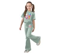 Set due pezzi da ragazza con top corto a fiocco e pantaloni lunghi, tessuto morbido e confortevole, perfetto per la scuola, il tempo libero e le uscite quotidiane, vestibilità adatta alle