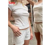 Set Due Pezzi Donna Stampa Floreale Senza Maniche Top Corto E Pantaloni Corti