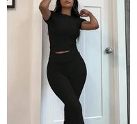 Set Due Pezzi Estivi Da Donna Costituito Da Una Maglietta Corta Attillata Di Colore Tinta Unita E Pantaloni A Zampa Di Elefante. L,M,S,XS,XXSColore unicoPoliestere