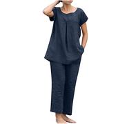 Set Due Pezzi Pigiama da Casa Casual Completo Larghi Taglie Forti Curvy Tuta Elegante Camicia + Pantaloni Lino Completa Leggera Tuta Estiva Cotone Due Pezzi Regalo per la Festa della Mamma
