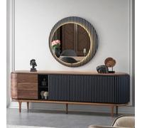 Set elegante credenza marrone di design specchio rotondo 2 pezzi in legno