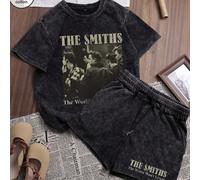 Set elegante da 2 pezzi composto da T-shirt a maniche corte con collo rotondo e pantaloncini, in stile coreano vintage casual Y2K, con stampa divertente di ritratti e lettere, di stile punk di nicchia
