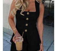 Set elegante da donna composto da gilet monopetto con tasche vere e pantaloncini, completo adatto per uso quotidiano, lavoro, tutto bianco e nero per l'estate L,M,S,XL,XSColore unicoTessuto intrecciat