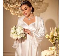 Set elegante da notte in pizzo e raso, camicia da notte e vestaglia, taglia grande, adatto per la stagione dei matrimoni, abbigliamento autunno inverno 0XL,1XL,2XL,3XL,4XLColore unicoRaso