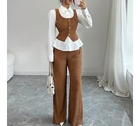 Set elegante da ufficio da donna 2 pezzi, camicia a maniche lunghe con collo a revers e patchwork a contrasto marrone e bianco, top in maglia lavorata con orlo arricciato & pantaloni a gamba ampia, au