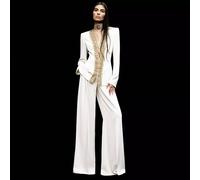 Set Elegante Donna Bianco Giacca Ricamata E Pantalone Palazzo Cerimonia CF56794