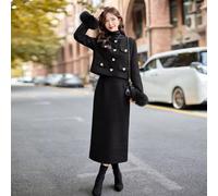 Set Elegante Giacca Piumino Pelliccia Gonna Invernale Chic Nero Donna CF61164