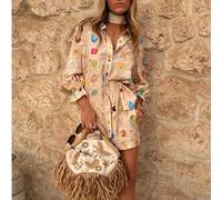 Set elegante primaverile con camicia a maniche lunghe e colletto con stampa in lamina metallica di L,M,S,XLTropicale,Frutta & verduraTessuto intrecciato