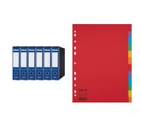 Set Esselte ESSENTIALS G75 6x Registratore con Custodia e Meccanismo a Leva, Formato Protocollo, Dorso da 8 cm, Blu, 390775050 + 10 Confezioni di Divisori con 12 Tasti A4, Rosso/Multicolore,100202