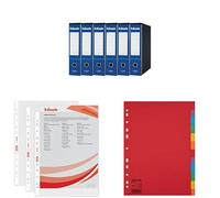 Set Esselte ESSENTIALS G75 6x Registratore con Custodia f.to Protocollo, Dorso 8 cm, Blu, 390775050 + 10 Confezioni di Divisori 12 Tasti A4, Multicolore,100202 + 100 buste A4 trasparenti, 395613000