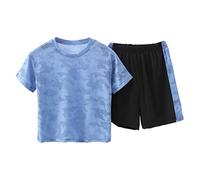 Set estivo con maglietta e pantaloncini, motivo floreale, girocollo, a maniche corte, per bambini, abbigliamento carino, camicetta casual, atletica, maglietta sportiva per ragazzi (blu, 4-5 anni)