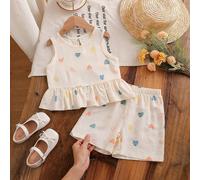 Set estivo da 4-7 anni per ragazze, stile dolce e fresco, top senza maniche con volant, stampa a cuori colorati e pantaloncini abbinati, in morbido tessuto in misto cotone leggero e delicato sulla pel