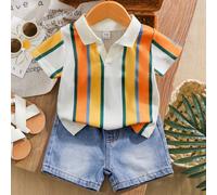 Set estivo da bambino composto da top a maniche corte con colletto casual e pantaloncini di jeans lavati alla moda, adatto per uso quotidiano, campeggio in famiglia, pranzo o shopping 6-9M,9-12M,12-18