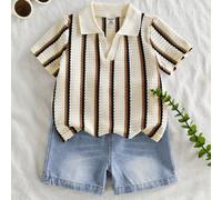 Set estivo da bambino composto da top a maniche corte con colletto casual e pantaloncini di jeans lavati alla moda, adatto per uso quotidiano, campeggio in famiglia, pranzo o shopping 6-9M,9-12M,12-18