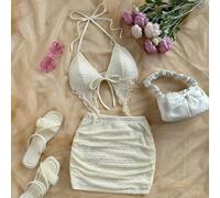 Set estivo da donna in 2 pezzi - Crop top in tessuto a maglia texturizzato, colore albicocca, con scollo a V e fiocco, e mini gonna attillata. Adatto per festa, appuntamento, San Valentino, Pasqua, ca