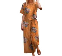 Set estivo da donna, in due pezzi, per il tempo libero, in cotone e lino, con stampa a maniche corte, casual, pantaloni nineteen con scollo rotondo, pantaloni larghi, per le vacanze, per le gambe