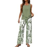 Set estivo da donna, in due pezzi, per il tempo libero, senza maniche, colletto quadrato, pantaloni larghi, per le vacanze, per le gambe larghe, verde menta, XXL