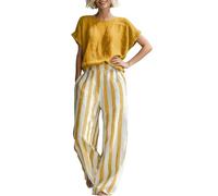 Set estivo da donna in lino, comodo, a righe, composto da due pezzi, maglietta a maniche corte e pantaloni classici a righe con gamba larga, comoda tuta per le vacanze e la casa, giallo., S