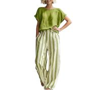 Set estivo da donna in lino, comodo, a righe, composto da due pezzi, maglietta a maniche corte e pantaloni classici a righe con gamba larga, comoda tuta per le vacanze e la casa, verde, XS