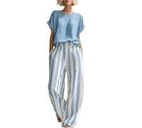 Set estivo da donna in lino, comodo, a righe, composto da due pezzi, maglietta a maniche corte e pantaloni classici a righe con gamba larga, comoda tuta per le vacanze e la casa