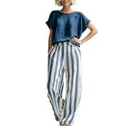 Set estivo da donna in lino, comodo, a righe, composto da due pezzi, maglietta a maniche corte e pantaloni classici a righe con gamba larga, comoda tuta per le vacanze e la casa, Blu marino, S