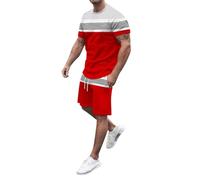 Set estivo da uomo, 2 pezzi, a righe, con scollo rotondo e bermuda, con coulisse, costume da spiaggia classico Haiwaii, per il tempo libero, per le vacanze, per il relax, Colore: rosso, L