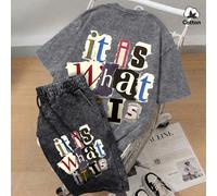 Set estivo da uomo di moda di strada "È quello che è" composto da maglietta con grafica e pantaloncini, outfit casual giornaliero in 2 pezzi in grigio lavato elasticizzato L,M,S,XL,XXLGeometrico,Grafi