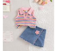 Set estivo dolce da 2 pezzi per bambina, canotta senza maniche a righe con colletto POLO rosa e decorazione floreale in crochet 3D, abbinata a pantaloncini in denim con volant ondulati e decorazione f