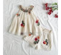 Set estivo per ragazze, top smanicato con ricamo floreale e pantaloncini abbinati, stile campagnolo, adatto per attività all'aperto, uso quotidiano, feste e raduni 6Y,7Y,4Y,5YFloreale,Frutta & verdura