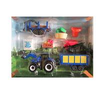 Set Fattoria Diecast TRATTORE NEW HOLLAND Blu con rimorchi e altri accessori - Scala 1:64 - Lunghezza 16 cm con rimorchio